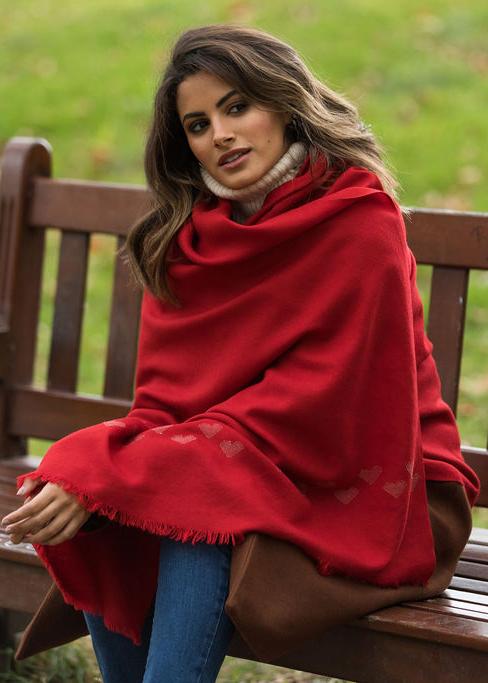 Likemary Red Merino Wool Shawl Scarf With Love Hearts