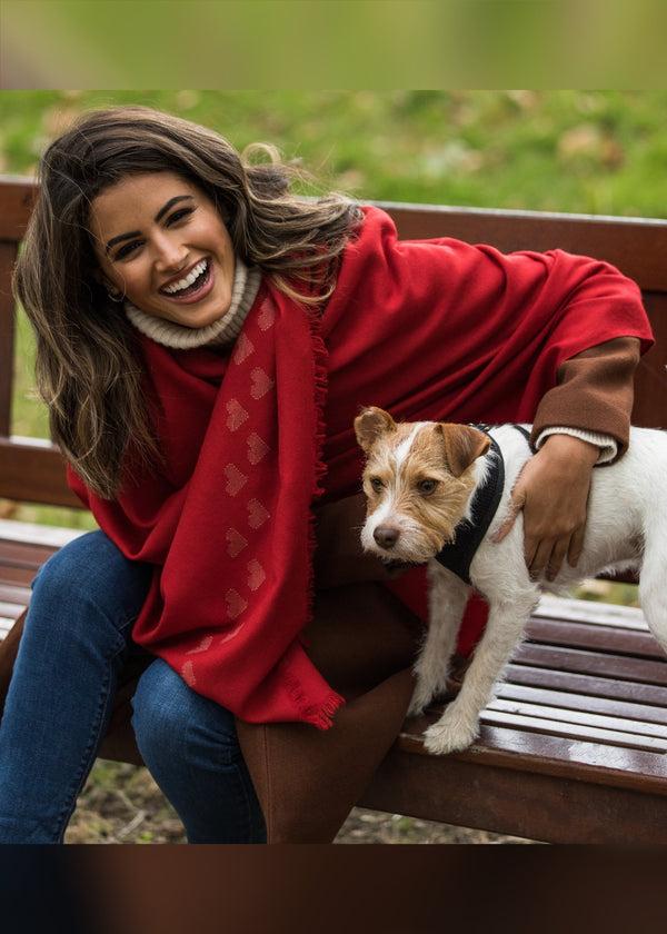 likemary Red Merino Wool Shawl Scarf with Love Hearts