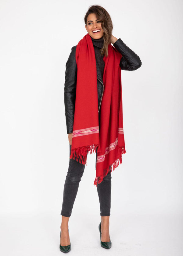 Likemary Red Pashmina Shawl For Women – Wool Stole With Takhi Border