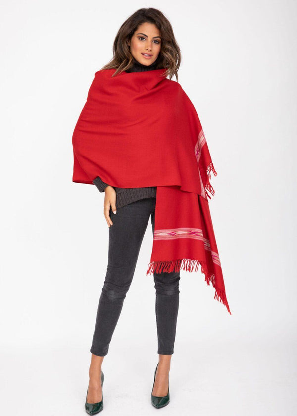 Likemary Red Pashmina Shawl For Women – Wool Stole With Takhi Border