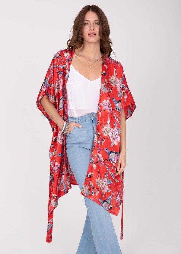 Likemary Satin Kimono Cover Up With Belt In Red Birds Of Paradise Print