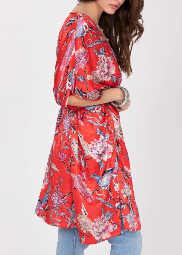 Likemary Satin Kimono Cover Up With Belt In Red Birds Of Paradise Print