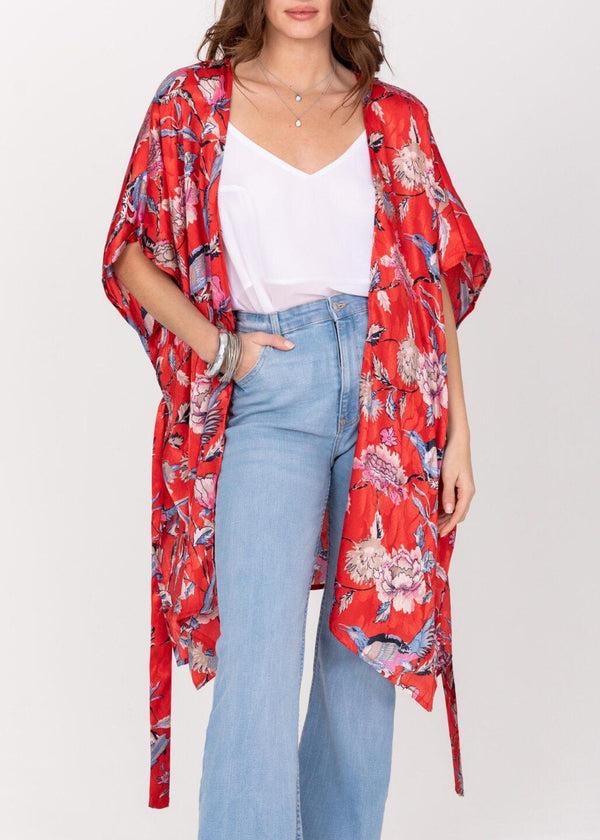 Likemary Satin Kimono Cover Up With Belt In Red Birds Of Paradise Print