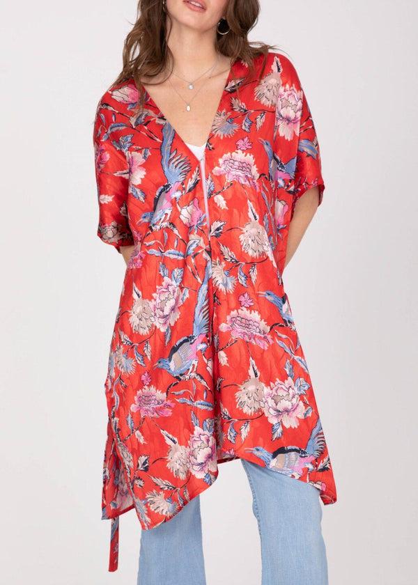 likemary Satin Kimono Cover Up with Belt in Red Birds of Paradise Print