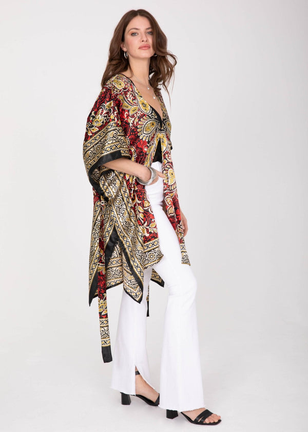 Likemary Satin Kimono Cover Up With Belt In Red & Gold Print