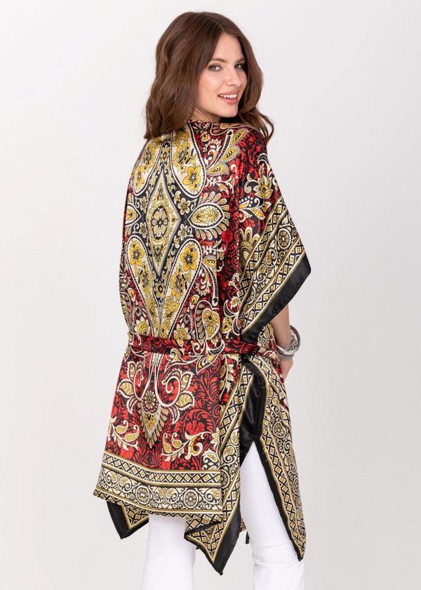 Likemary Satin Kimono Cover Up With Belt In Red & Gold Print