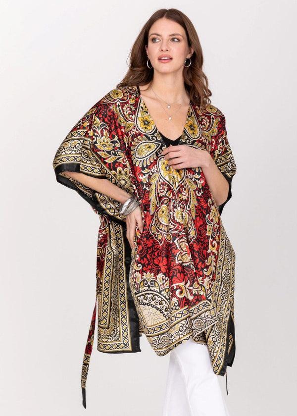 Likemary Satin Kimono Cover Up With Belt In Red & Gold Print