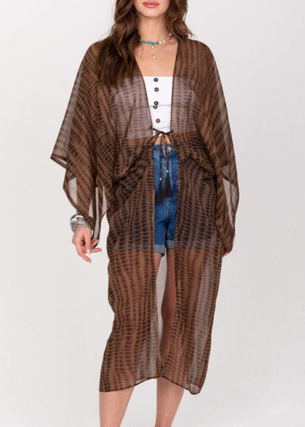 Likemary Semi-Sheer Long Kimono In Brown Bone Tie Dye Print