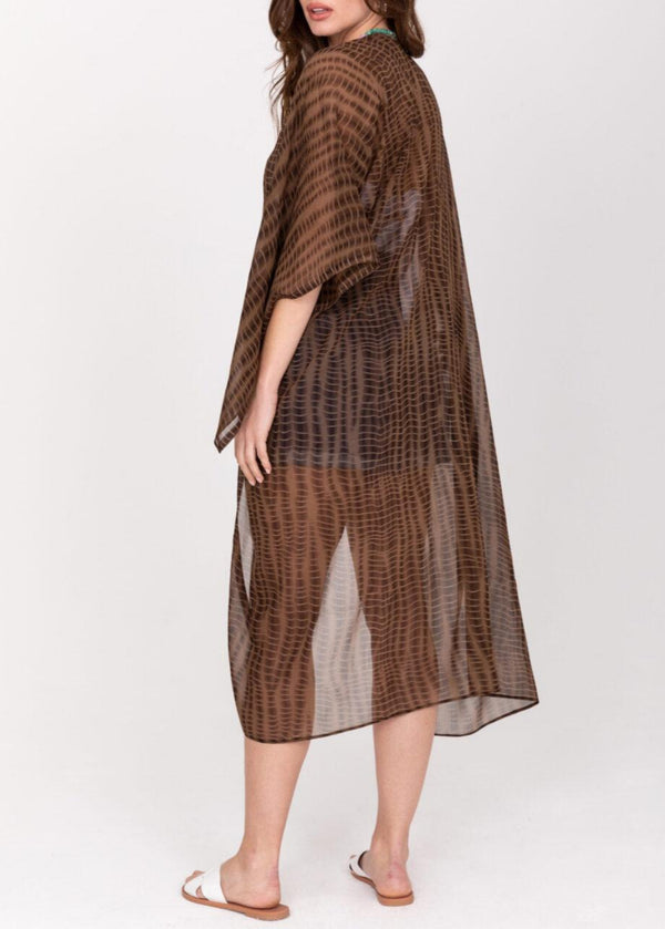 Likemary Semi-Sheer Long Kimono In Brown Bone Tie Dye Print