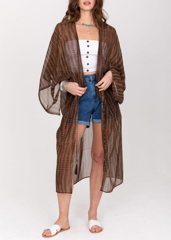 Likemary Semi-Sheer Long Kimono In Brown Bone Tie Dye Print