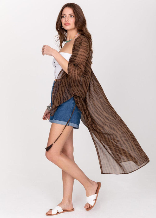 likemary Semi-Sheer Long Kimono in Brown Bone Tie Dye Print