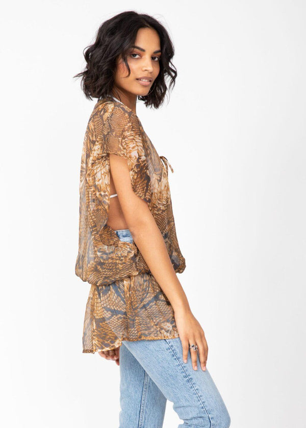Likemary Sheer Ibiza Kaftan Top In Snake Print With Sequins