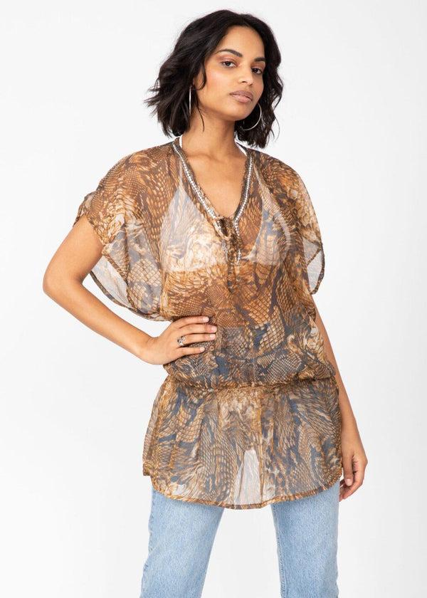 Likemary Sheer Ibiza Kaftan Top In Snake Print With Sequins