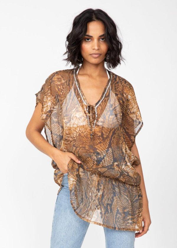 likemary Sheer Ibiza Kaftan Top in Snake Print with Sequins