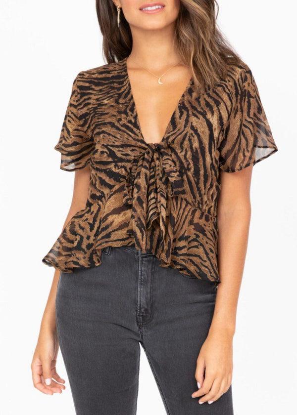 Likemary Short Butterfly Sleeve Tie Front Top In Tiger Stripes