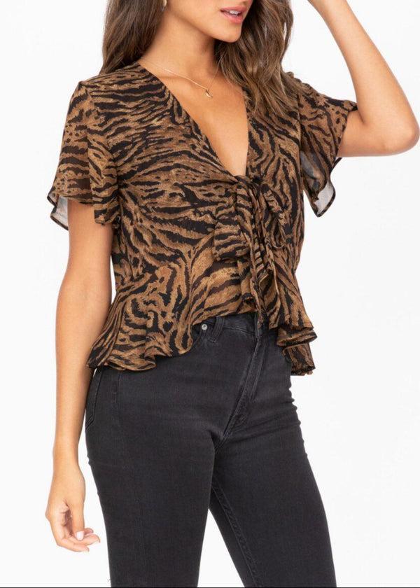 Likemary Short Butterfly Sleeve Tie Front Top In Tiger Stripes