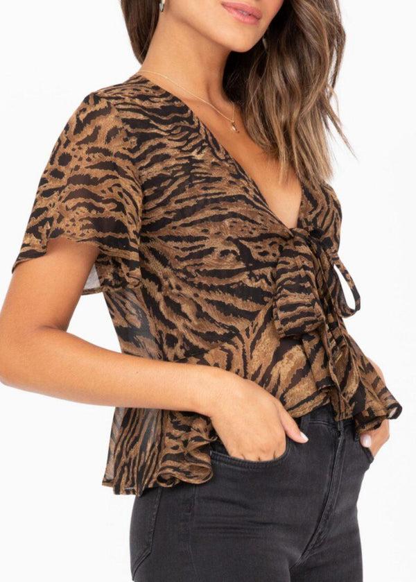 Likemary Short Butterfly Sleeve Tie Front Top In Tiger Stripes