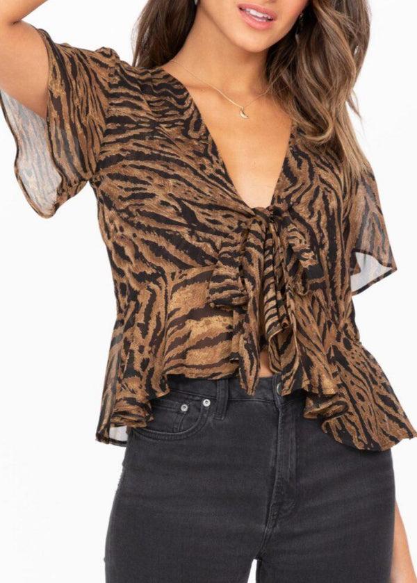 likemary Short Butterfly Sleeve Tie Front Top in Tiger Stripes