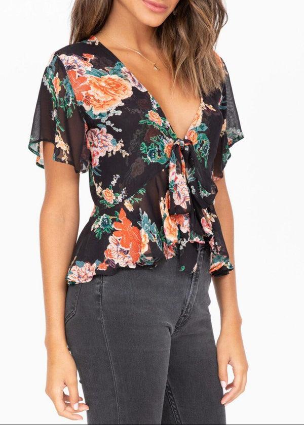 Likemary Short Butterfly Sleeve Top In Floral Print
