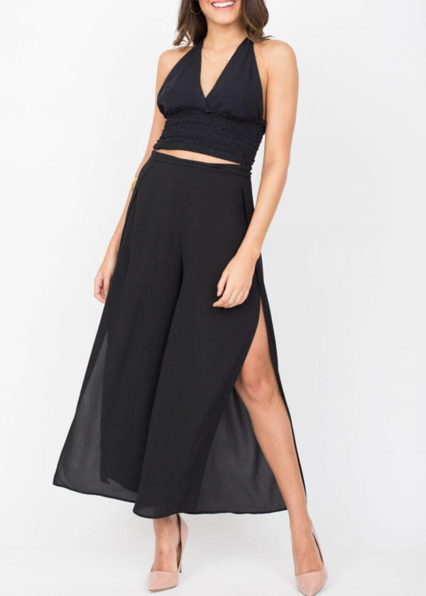 Likemary Side Split Holiday Trousers Wide Leg Black