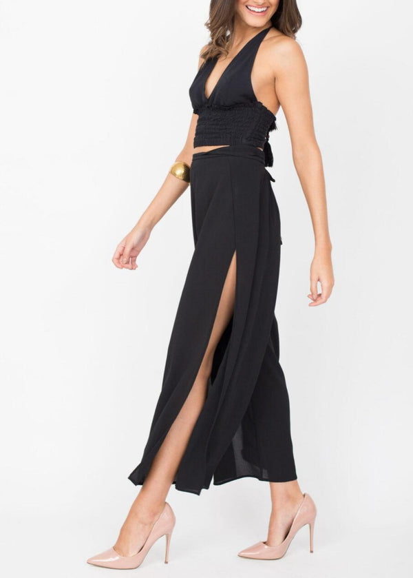 Likemary Side Split Holiday Trousers Wide Leg Black