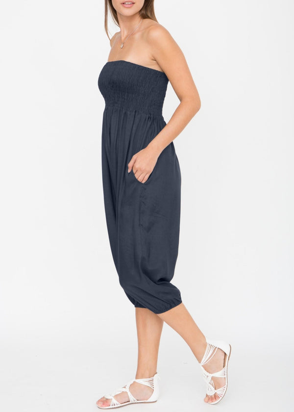 Likemary Silk-Feel 2-in-1 Harem Pants & Strapless Jumpsuit In Midnight Blue