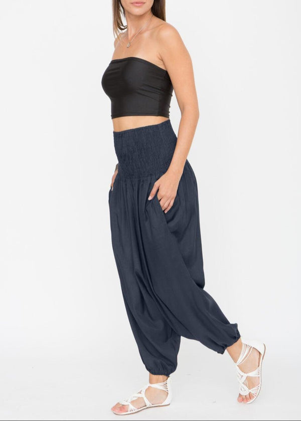 Likemary Silk-Feel 2-in-1 Harem Pants & Strapless Jumpsuit In Midnight Blue