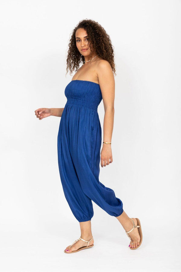 likemary Silk Look Convertible Harem Trouser and Capri Strapless Jumpsuit Cobalt