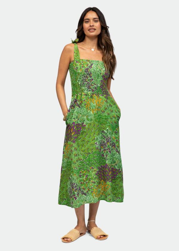 Likemary Strapless Midi Dress In Green Peacock Print