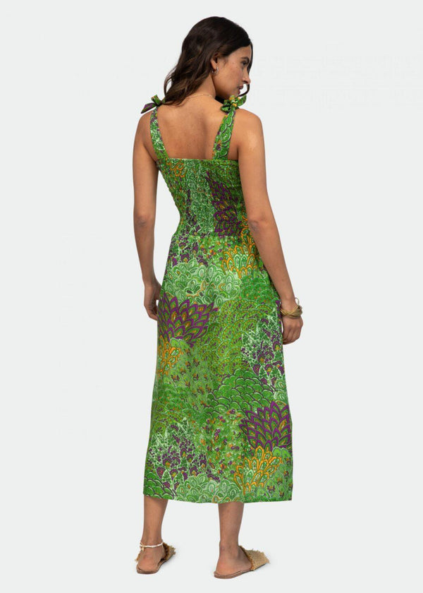 Likemary Strapless Midi Dress In Green Peacock Print
