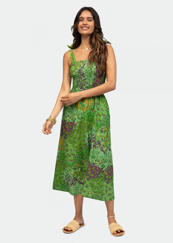 Likemary Strapless Midi Dress In Green Peacock Print