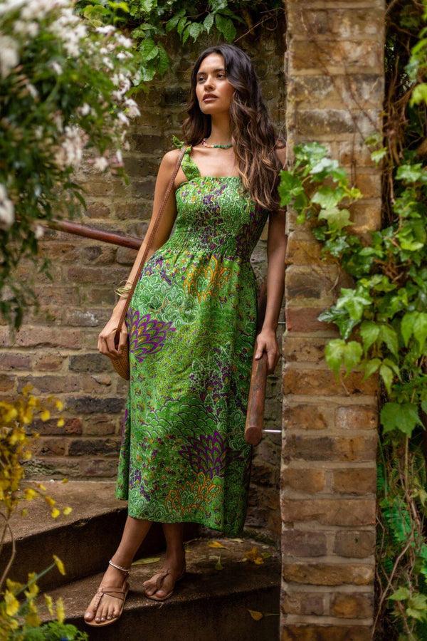 likemary Strapless Midi Dress in Green Peacock Print