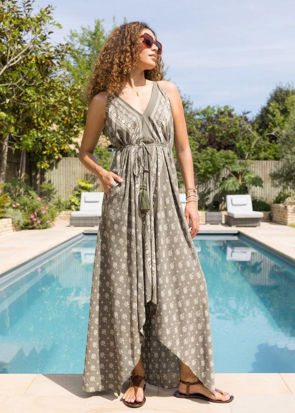 Likemary Summer Maxi Dress With Pockets In Olive Green