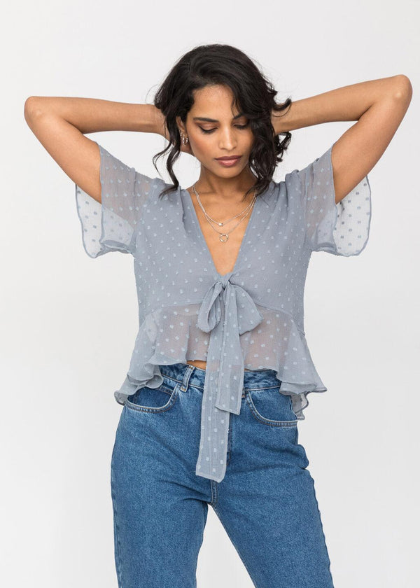 Likemary Tie Front Butterfly Sleeve Top In Grey Swiss Dot