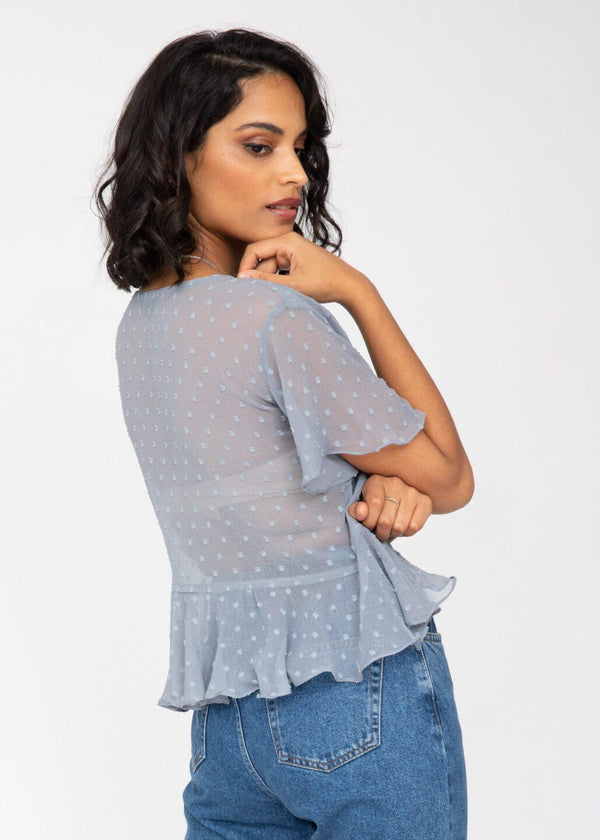 Likemary Tie Front Butterfly Sleeve Top In Grey Swiss Dot