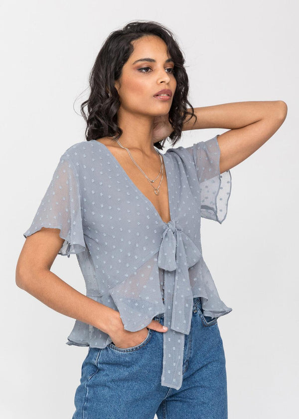 likemary Tie Front Butterfly Sleeve Top in Grey Swiss Dot