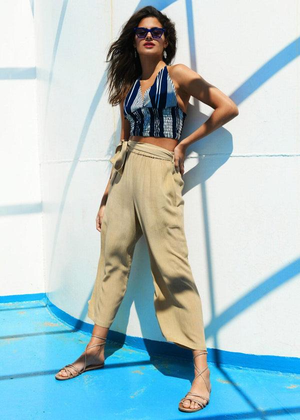 Likemary Wide Leg Crop Summer Trousers In Crinkle Bisucuit Beige