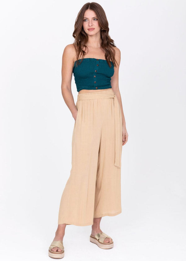Likemary Wide Leg Crop Summer Trousers In Crinkle Bisucuit Beige