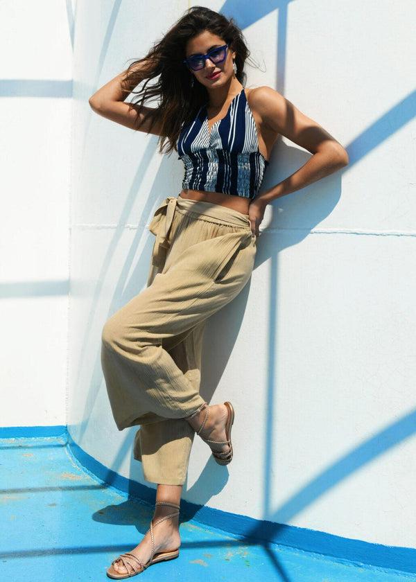 likemary Wide Leg Crop Summer Trousers in Crinkle Bisucuit Beige