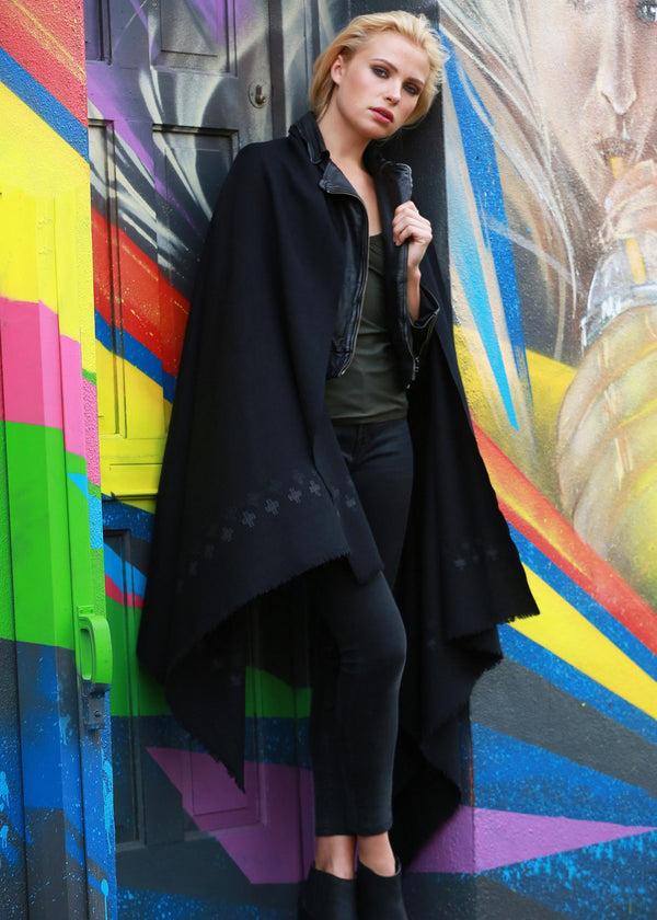 likemary Wool Shawl Scarf with Cross Motif – Oversized Black Blanket Wrap