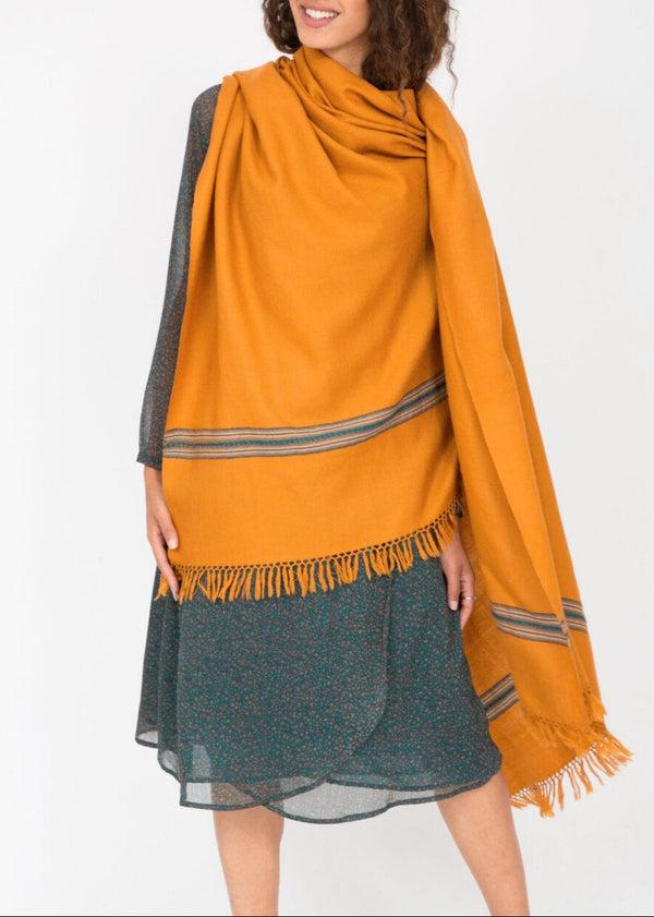 Likemary Yellow Wool Shawl – Oversized Blanket Scarf With Mansi Border