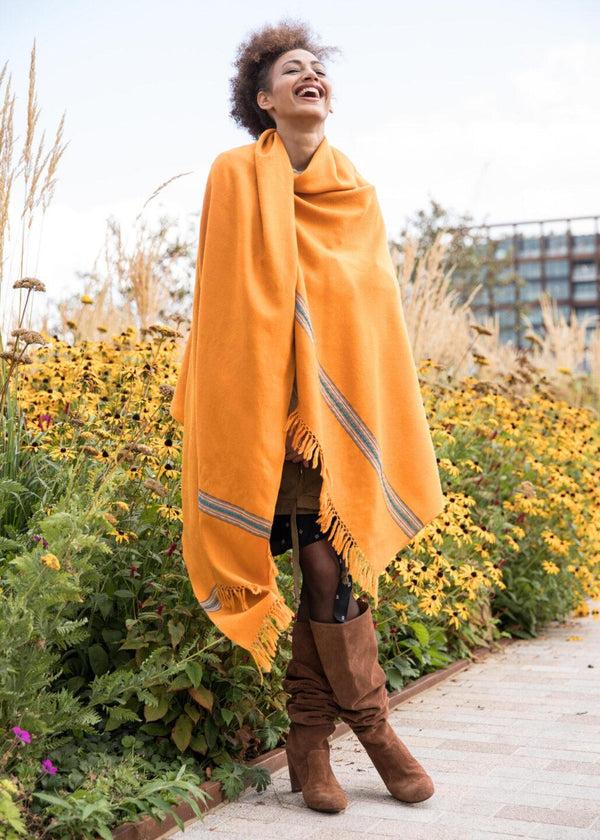 likemary Yellow Wool Shawl – Oversized Blanket Scarf with Mansi Border