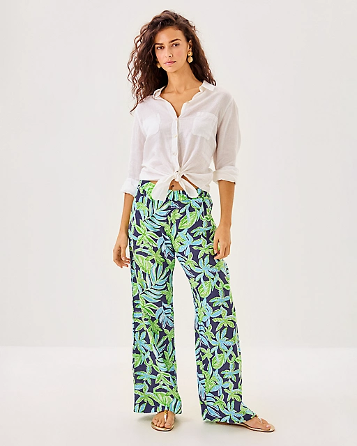 Lilly Pulitzer 31" Daylen Linen Palazzo Pant Sapphire Pool Tropical Tango