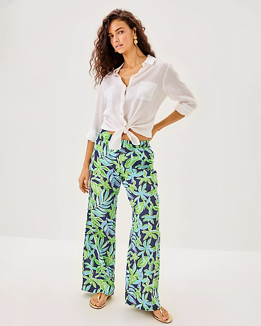 lilly pulitzer 31" Daylen Linen Palazzo Pant Sapphire Pool Tropical Tango