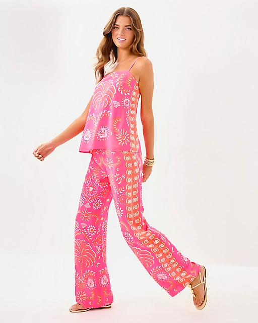 Lilly Pulitzer 32" Vianna Silk Palazzo Pant Sunkissed Pink Breezy Palm Engineered Pant