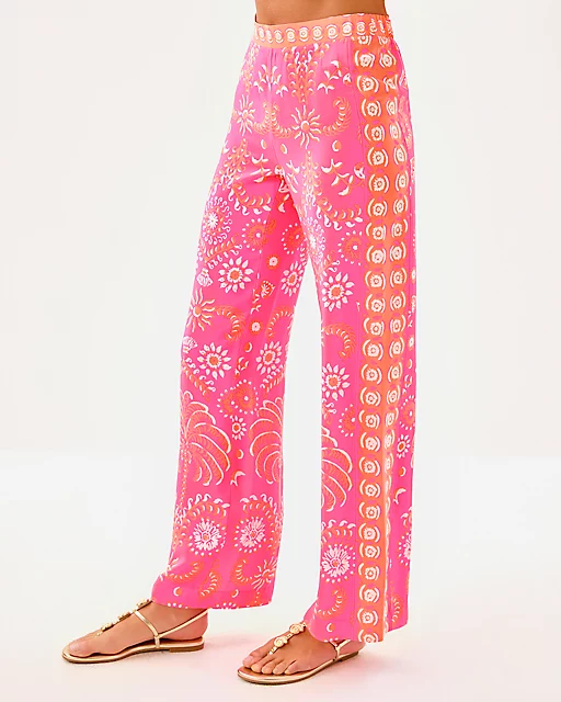 Lilly Pulitzer 32" Vianna Silk Palazzo Pant Sunkissed Pink Breezy Palm Engineered Pant