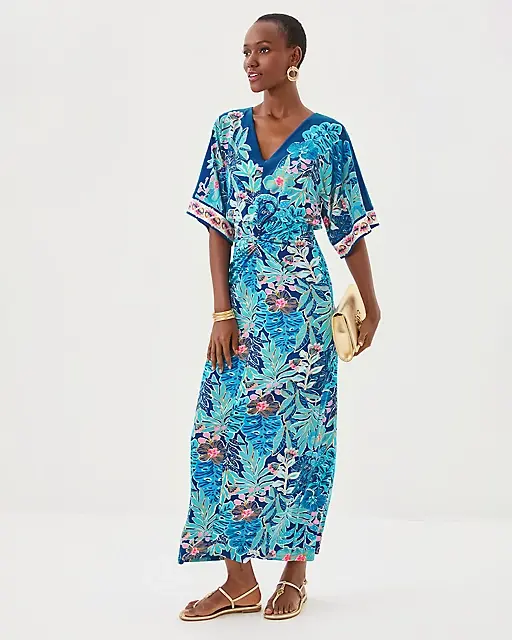 Lilly Pulitzer Adalyn V-Neck Maxi Dress Starlight Navy Best Fronds Forever Engineered Knit Maxi