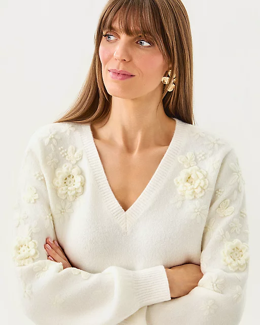 Lilly Pulitzer Alayla Sweater Coconut Garden Party Embroidery