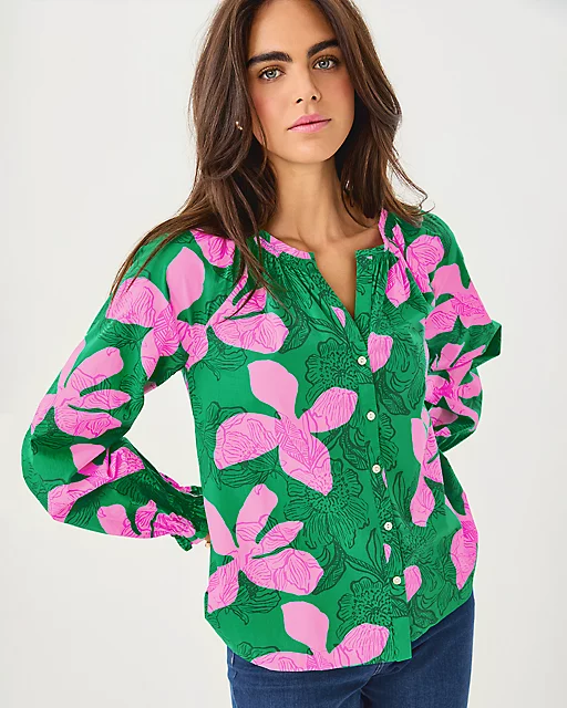 Lilly Pulitzer Aldina Button Down Top Kitts Green Sunset Shadows