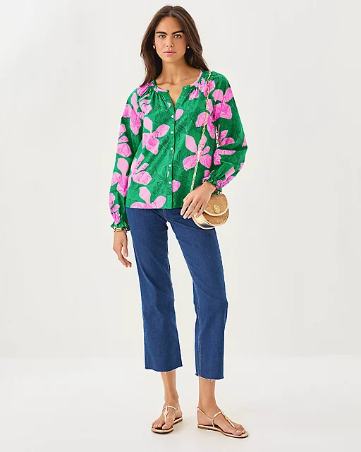 Lilly Pulitzer Aldina Button Down Top Kitts Green Sunset Shadows